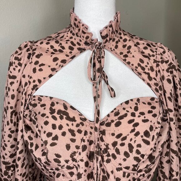 PrettyLittleThing Pink Brown Polka Dot Tie Neck Wrap Skirt Bodycon Dress Size 12 - Picture 3 of 12